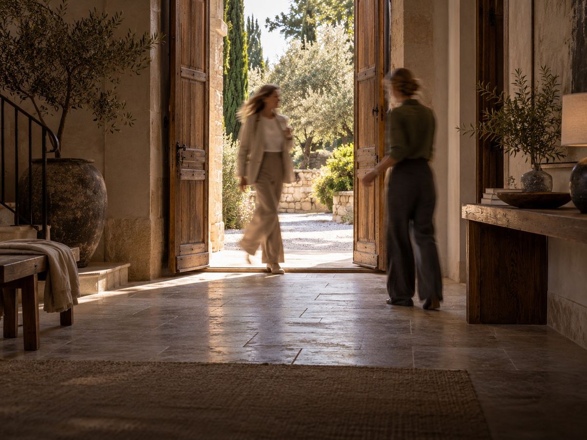 A visitor arrives through the open doors of a stone hall and is greeted inside