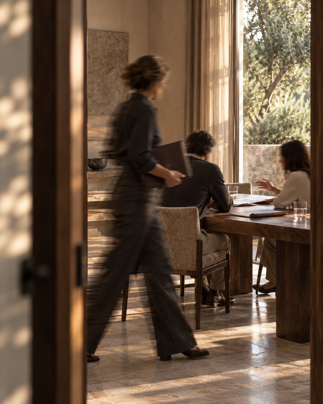 A woman carrying a leather folder walks past a meeting at a walnut table, late sun through an open door