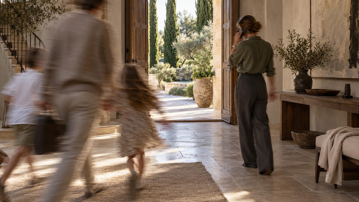 A family hurries through the stone hall of a house towards the garden while a woman takes a call by the open door